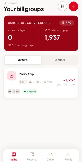 Half Tab app showing a trip group and what you have to pay