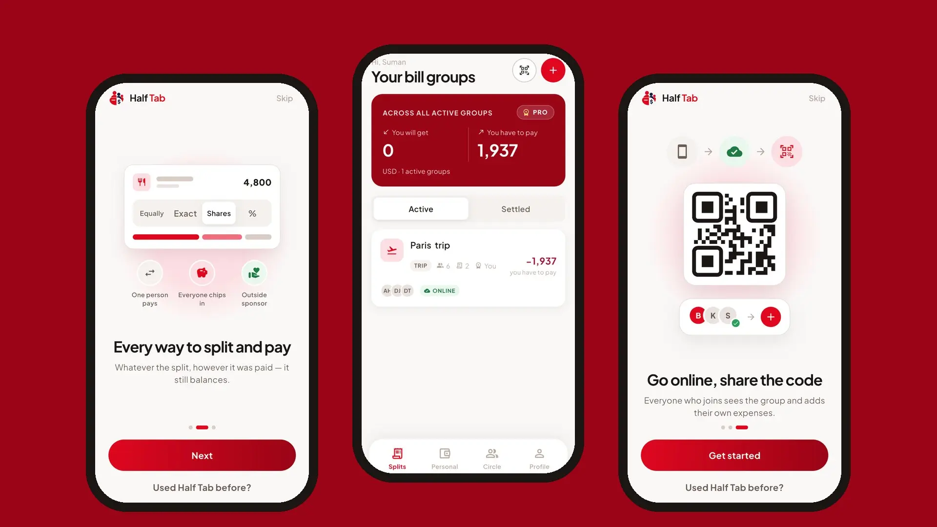 Three Half Tab app screens: split options, the list of bill groups and a QR code for joining a group