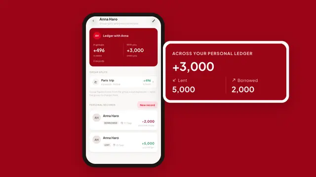 Half Tab personal ledger showing money lent to and borrowed from a friend