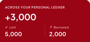 Personal ledger total in Half Tab: 5,000 lent and 2,000 borrowed