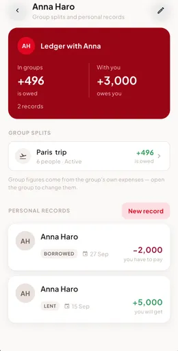 Half Tab personal ledger with a friend, showing money lent and borrowed