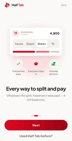 Half Tab split options: equally, exact amounts, shares and percent